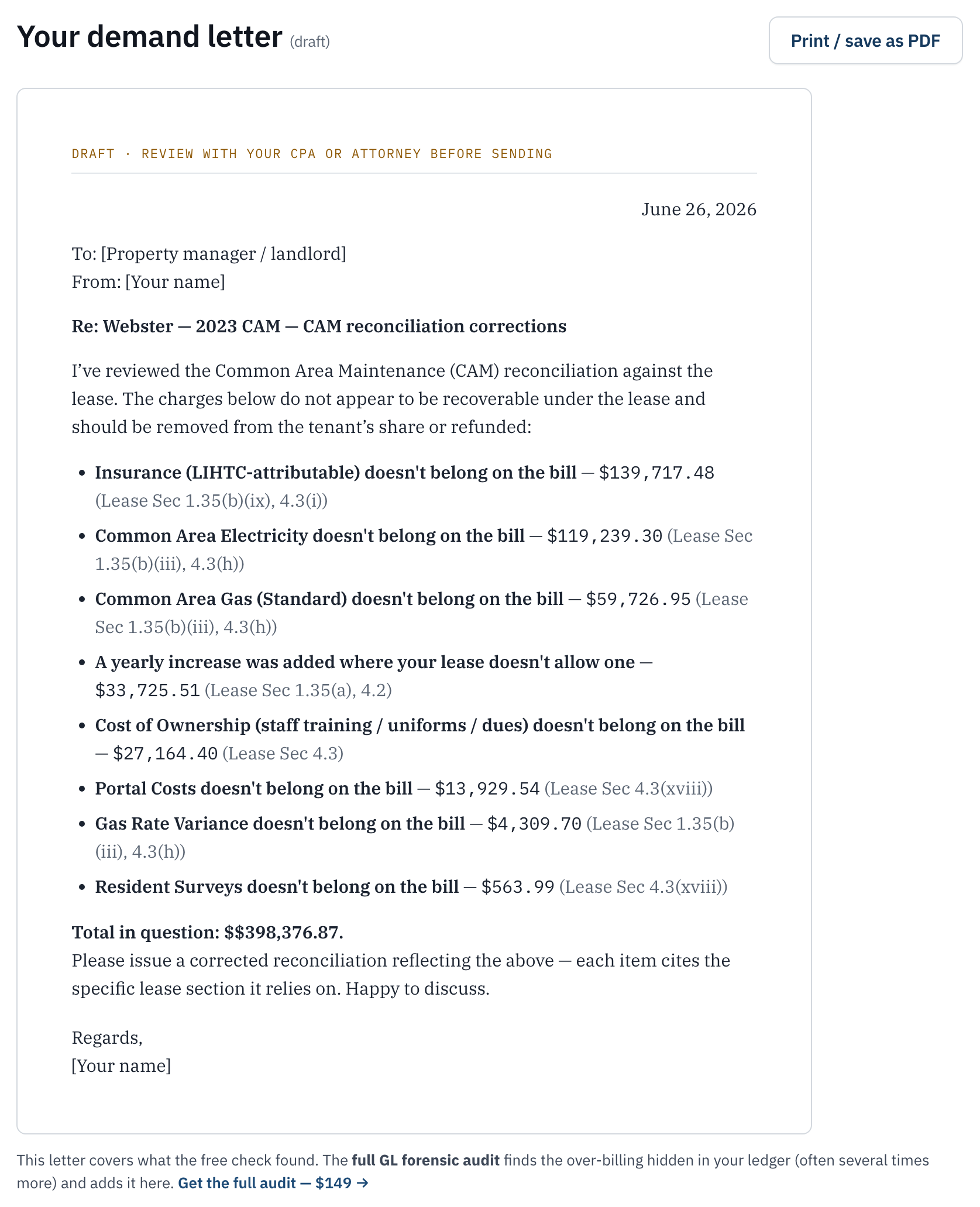 A draft demand letter addressed to the property manager, listing each over-billing with its lease clause and a total in question of $398,376.87, with a Print / save as PDF button.